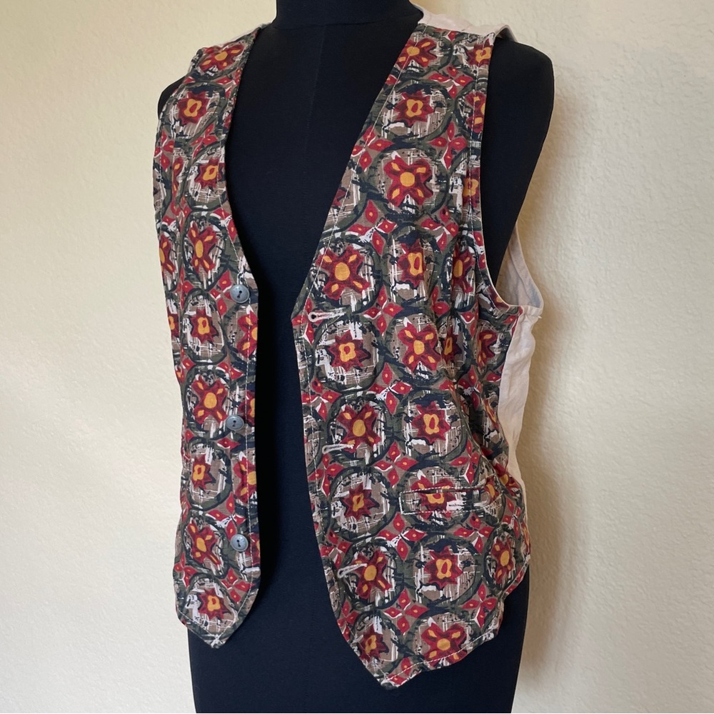Vintage ESPRIT Sport Patterned Linen Blend Button Up Vest w Pockets Size Medium